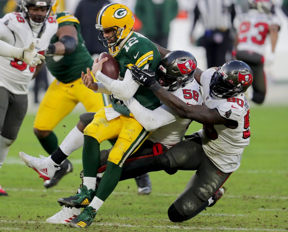 Aaron Rodgers gets sacked against the Buccaneers in the 2021 NFC Championship
