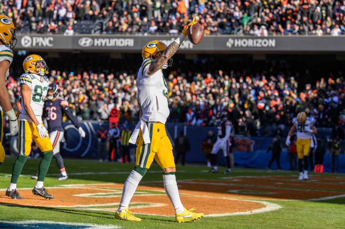 Packers' receiver Christian Watson celebrates his touchdown in the Packers' win over the Bears